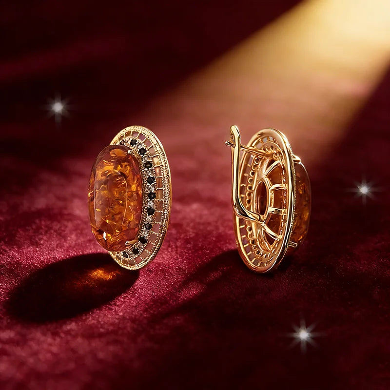 Kinel Hot Oval Amber Ring, earrings, and necklace set in 585 rose gold with natural zircon accents and vintage jewelry style.