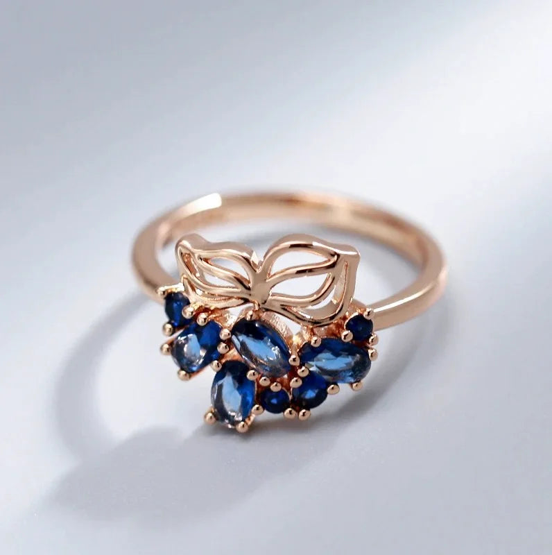 Blue Natural Luxury Gold Crystal Flower Bride ring
