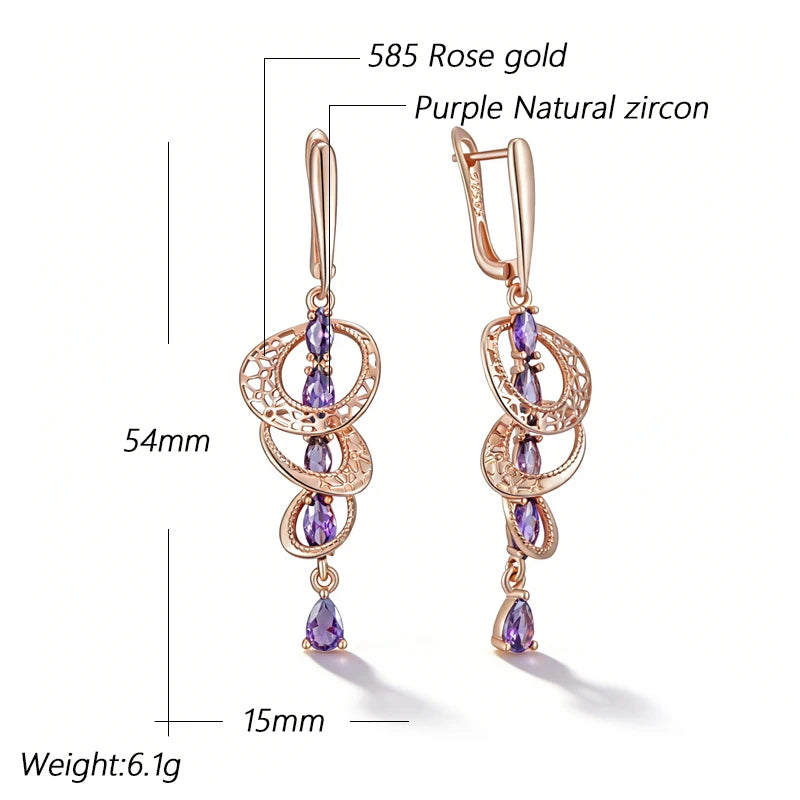Kinel Hot Shiny Purple Natural Zircon Drop Earrings for Women in 585 Rose Gold, wedding jewelry with crystals and fine craftsmanship.