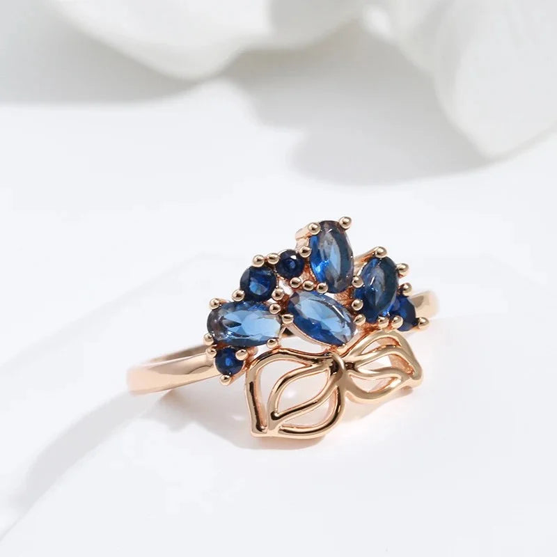 Blue Natural Luxury Gold Crystal Flower Bride ring