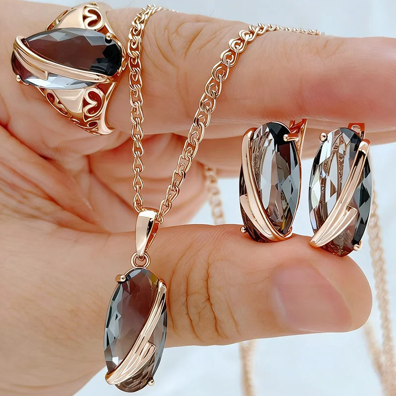 Natural zircon jewelry set includes a ring, earrings, and necklace for women, featuring elegant, sparkling zircon stones.