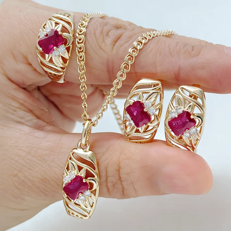 Natural zircon jewelry set including a ring, earrings, and necklace for women, featuring elegant designs by Legacy Magics.