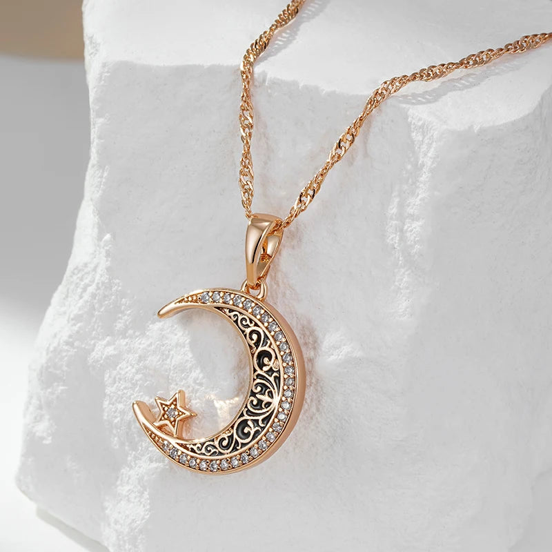 Trend Black Enamel Stars Moon Pendant Necklace