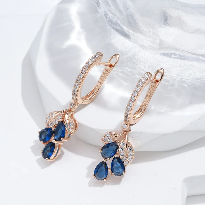 New Long Vintage Blue Flower Drop Earrings