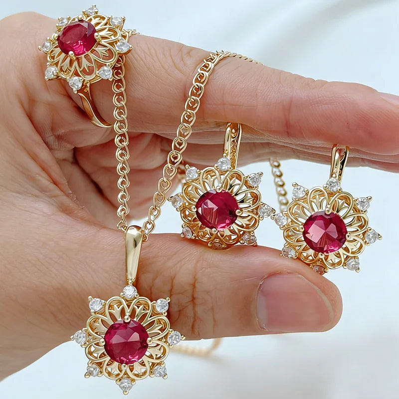 Kinel Trend red natural zircon jewelry set for women includes rose gold ring, earrings, and necklace in vintage style.