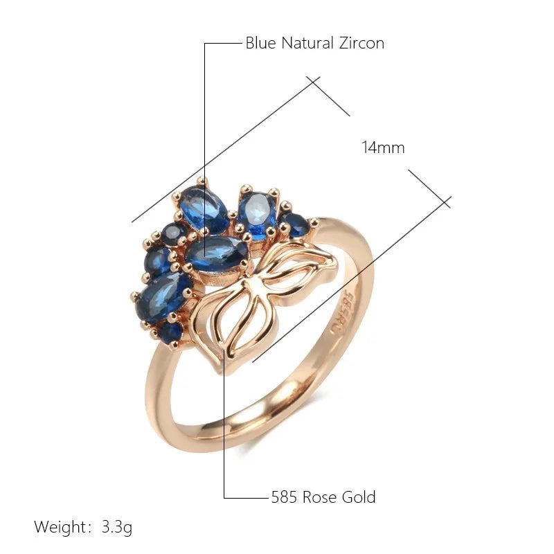 Blue Natural Luxury Gold Crystal Flower Bride ring