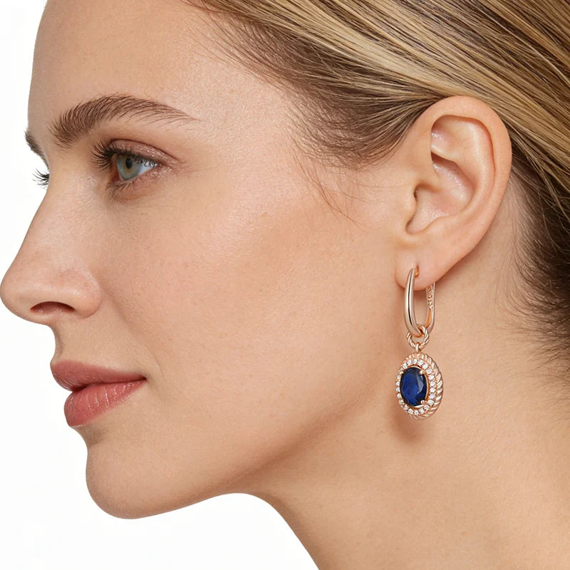 Kinel Hot Shiny Blue Natural Zircon dangle earrings for women in 585 rose gold, featuring high-quality jewelry with intricate design.