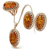 Kinel Hot Oval Amber ring, earrings, and necklace set in 585 rose gold with natural zircon accents, vintage jewelry by Legacy Magics.