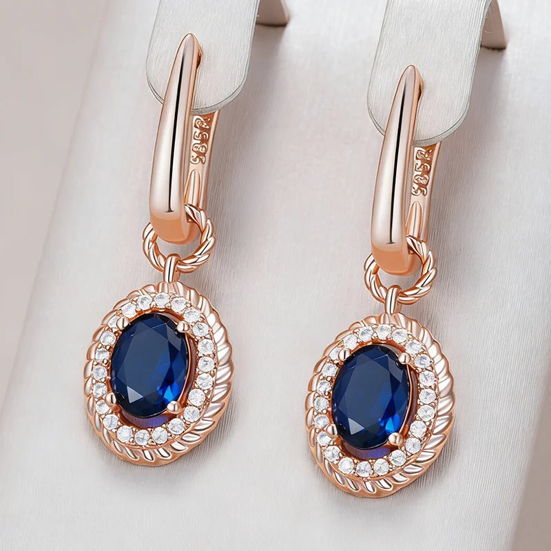 Kinel Hot Shiny Blue Natural Zircon Dangle Earrings for Women in 585 Rose Gold, elegant party jewelry by Legacy Magics