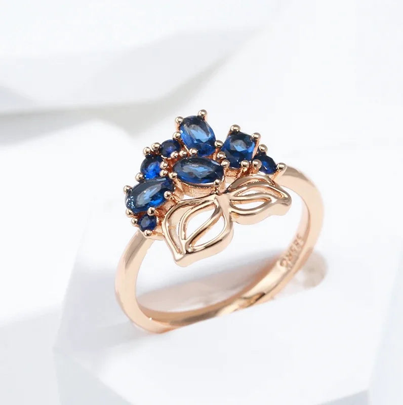 Blue Natural Luxury Gold Crystal Flower Bride ring