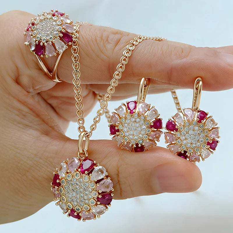 Kinel 585 rose gold ethnic vintage jewelry set with colorful zircon ring, earrings, and necklace, stylish daily women's accessories