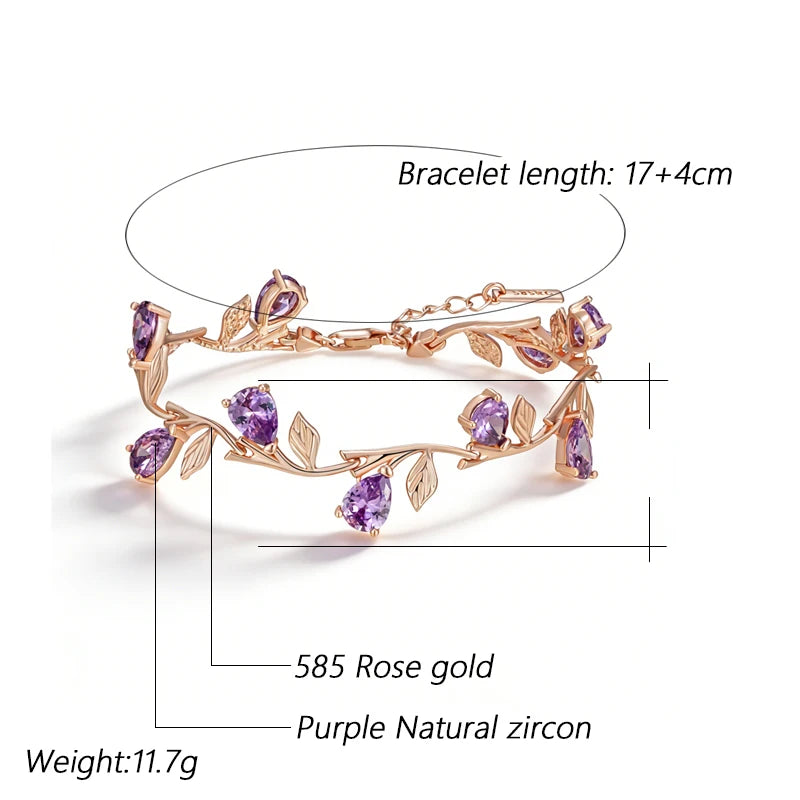 Kinel Luxury 585 rose gold petal bracelet for women with shiny purple natural zircon, ethnic wedding jewelry by Legacy Magics